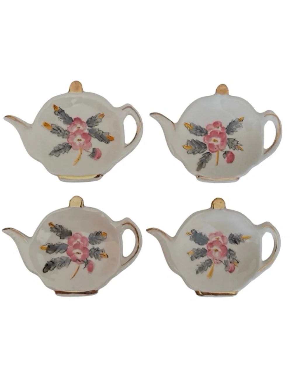 White Ceramic Tea Bag Holder (lot of 4) Teapot Shaped Rose Theme